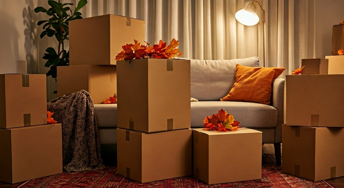 Fall moving tips: Cozy living room with packed boxes.