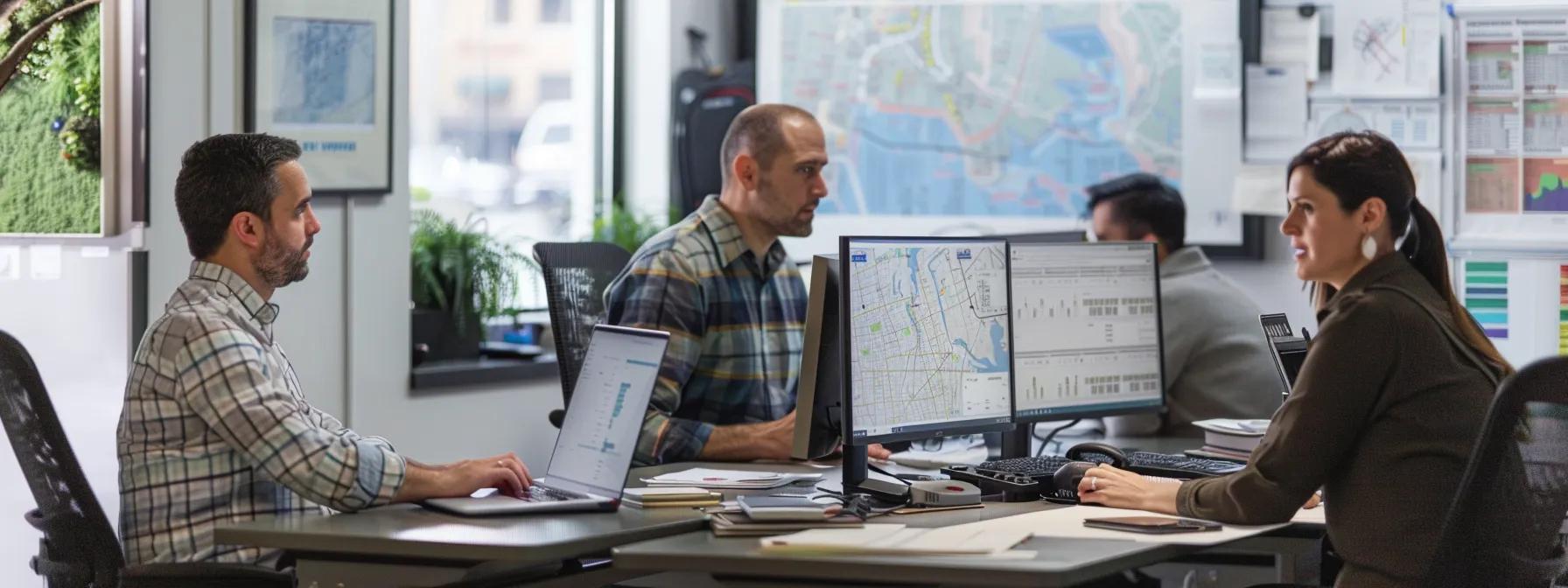 a bustling urban office setting featuring a friendly local moving team engaged in a strategic planning session, surrounded by maps and digital devices that highlight efficient routes for stress-free relocations.