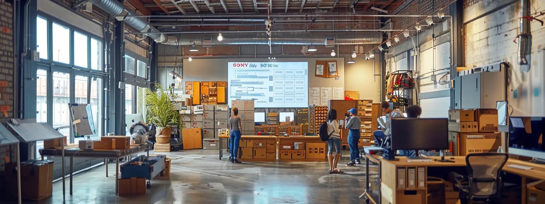 a busy urban moving company office features a large display board showcasing various truck sizes alongside packing materials and a team of professionals discussing volume measurements, highlighting the impact of item quantity on moving service prices.
