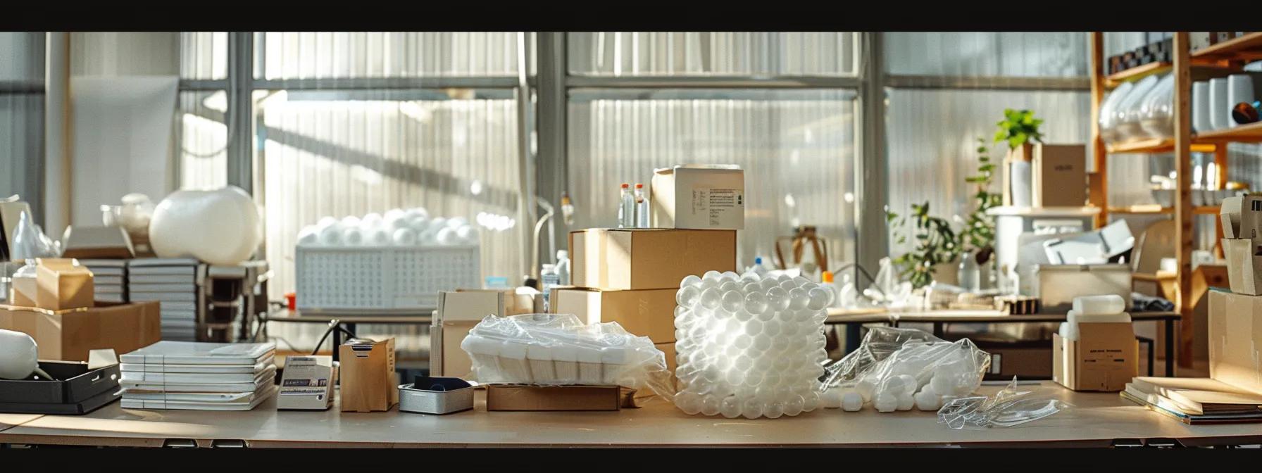 a meticulously organized packing station showcases fragile items being cleaned and carefully disassembled, surrounded by packing materials like bubble wrap and sturdy boxes in a bright, modern office environment.