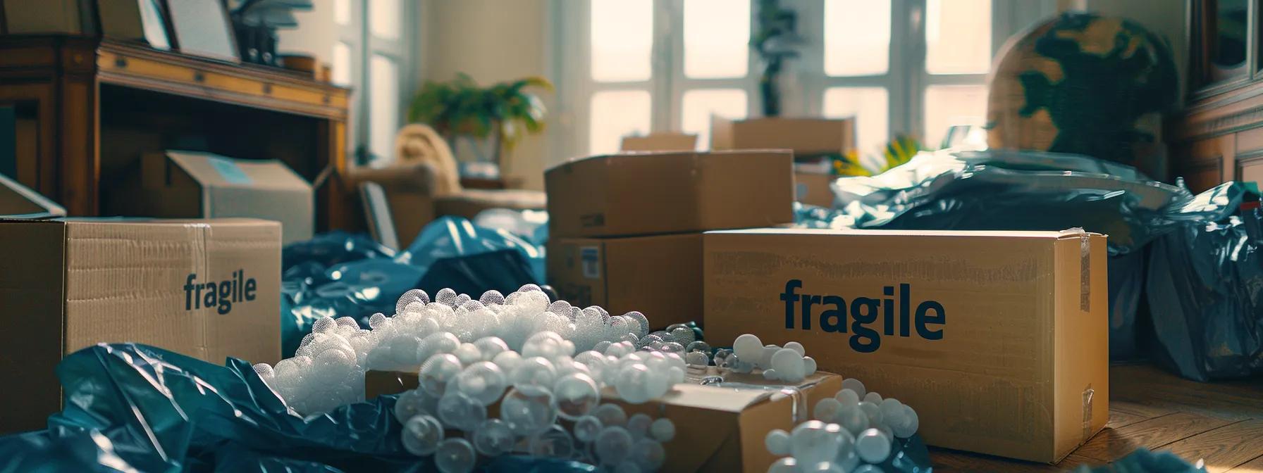 a well-organized moving space with neatly packed boxes labeled “fragile” in bold letters, surrounded by protective bubble wrap and foam, highlighting the importance of careful packing for delicate items.
