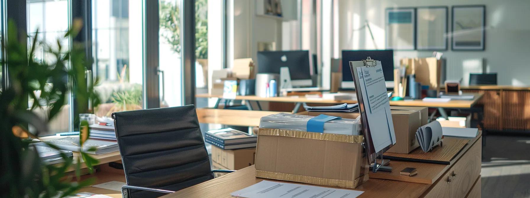 an elegantly arranged packing station in a professional office, showcasing skilled movers carefully wrapping fragile items with protective materials, while a framed certificate of insurance prominently displays the added financial reassurance.
