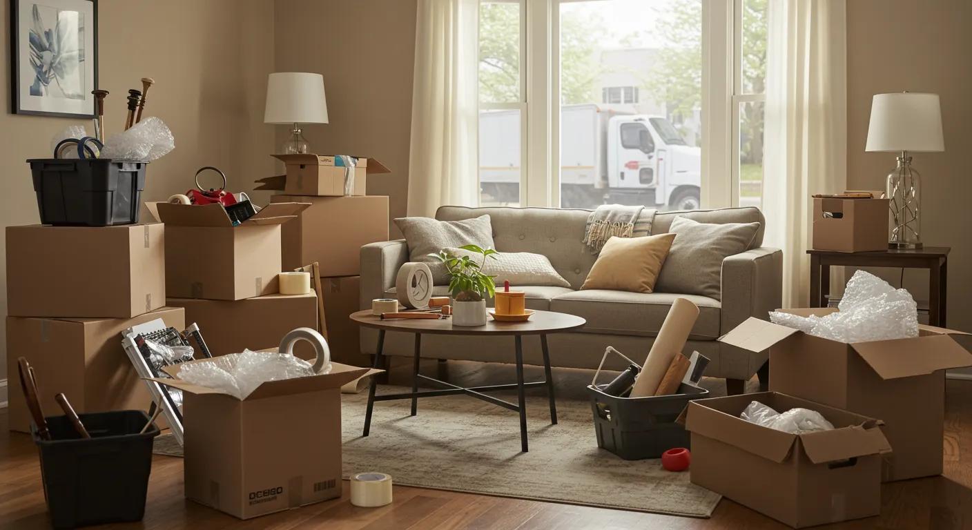 Moving costs: Cluttered living room with packing supplies and a rental truck, highlighting hidden costs of DIY moving