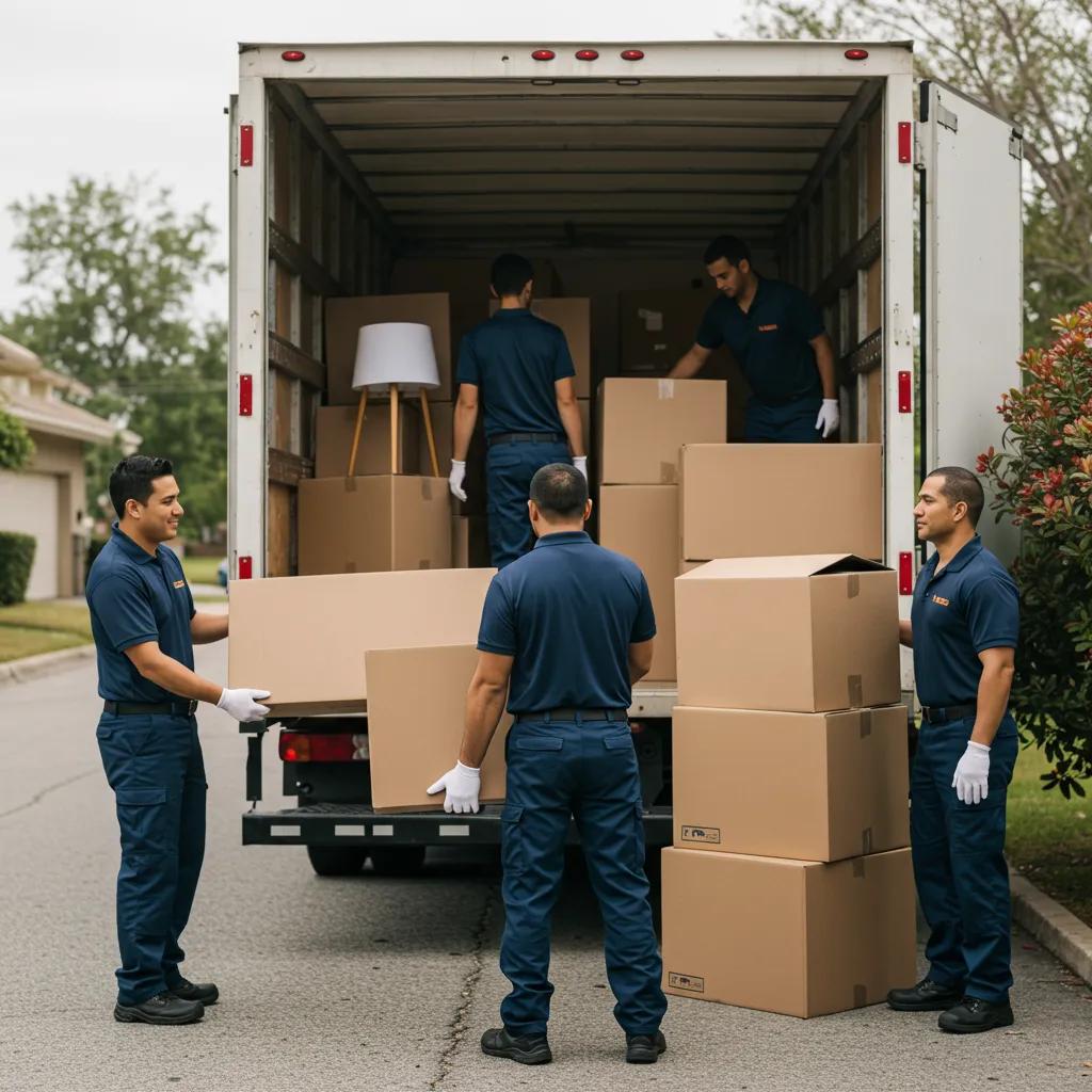 Professional movers loading a truck with furniture, illustrating the components of a moving company quote