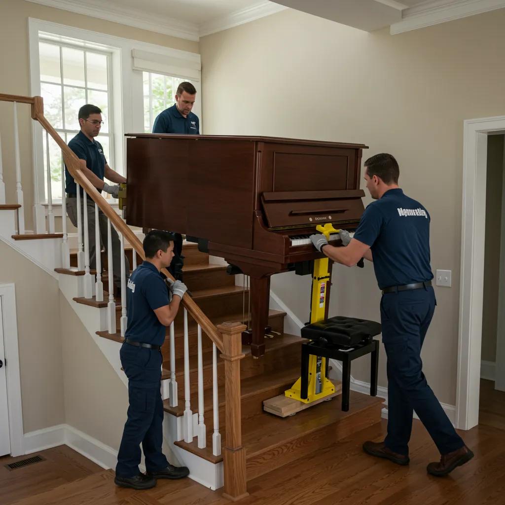 Moving Company Features that matters: Specialized movers carefully transporting a grand piano down a staircase, showcasing expertise and safety